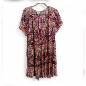 KNOX ROSE PINK PAISLEY PRINT SHORT SLEEVE V NECK BOHO MINI DRESS SIZE LARGE